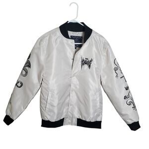 Rebel Vengeance White Tattoo Graphic Bomber Jacket Sz M Streetwear Edgy Grunge